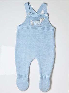 Mayoral Baby Blue Knit Footed Overalls Puppy Embroidered Luxury Baby Shower gift